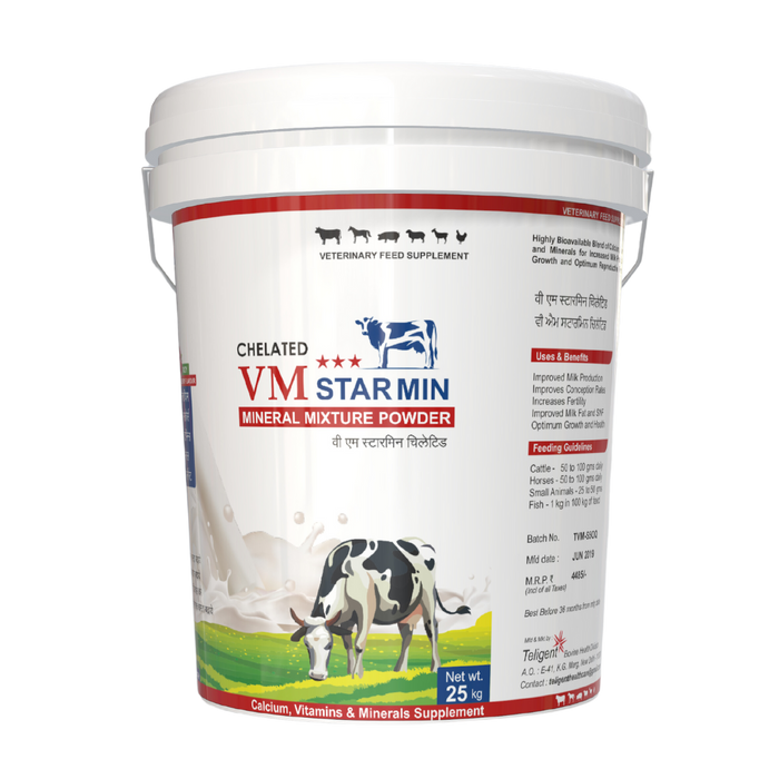 VM Starmin Mineral Mixture Blend - Livestock Supplement with Calcium, Phosphorus, and Vitamins A, D3, B2, E, K, B12. Customized dosages for Cattle, Horses, Sheep, Goats, Pigs, and Fish. Improved Milk Production, Enhanced Conception Rates, Optimal Growth. Noventis Healthcare.