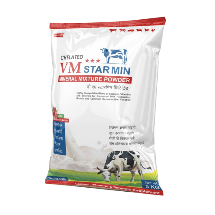 VM Starmin Mineral Mixture Blend - Livestock Supplement with Calcium, Phosphorus, and Vitamins A, D3, B2, E, K, B12. Customized dosages for Cattle, Horses, Sheep, Goats, Pigs, and Fish. Improved Milk Production, Enhanced Conception Rates, Optimal Growth. Noventis Healthcare.