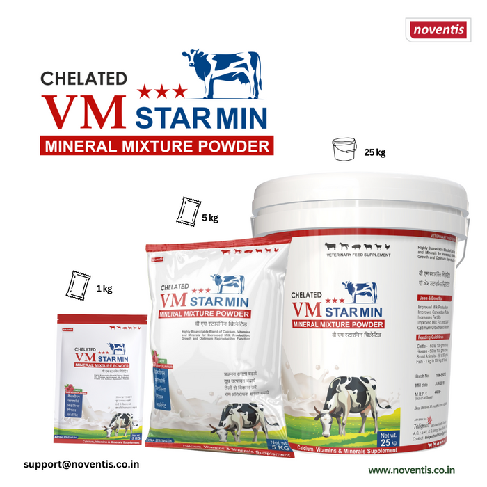 VM Starmin Mineral Mixture Blend - Livestock Supplement with Calcium, Phosphorus, and Vitamins A, D3, B2, E, K, B12. Customized dosages for Cattle, Horses, Sheep, Goats, Pigs, and Fish. Improved Milk Production, Enhanced Conception Rates, Optimal Growth. Noventis Healthcare.
