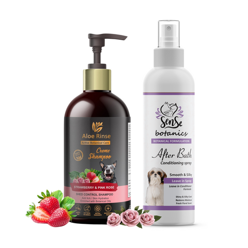 Shed Control Combo – Aloe Rinse Ultra Crème Shampoo & Sense Botanics Conditioning Spray for pets, designed to reduce shedding and nourish fur