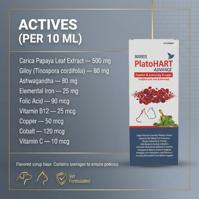 PlatoHART Advance Syrup for Dogs & Cats – Boosts Platelets, RBC & Immunity – Iron, Papaya Leaf, Giloy, B12 – Pet Recovery Supplement – 200ml