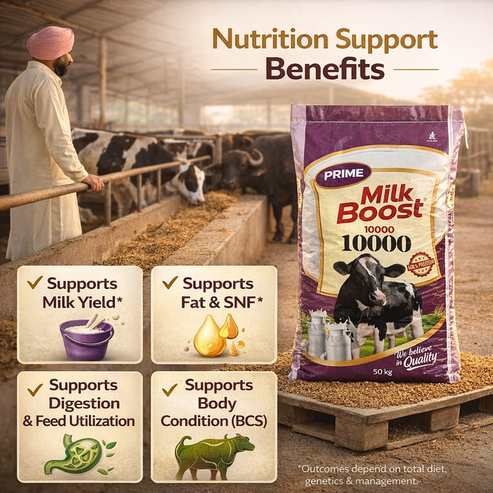 PRIME® Milk Boost 10000 Feed – High-TDN, Vitamin-Fortified Compound Feed for Lactating Cows & Buffaloes