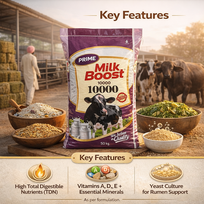 PRIME® Milk Boost 10000 Feed – High-TDN, Vitamin-Fortified Compound Feed for Lactating Cows & Buffaloes