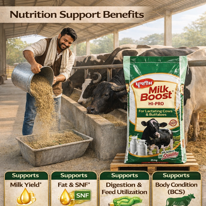 PRIME® MILK BOOST HI-PRO Cattle Feed 50 kg | High-Protein Compound Feed for Lactating Cows & Buffaloes | Supports Milk Yield, Fat & SNF  | With Yeast & Biotin