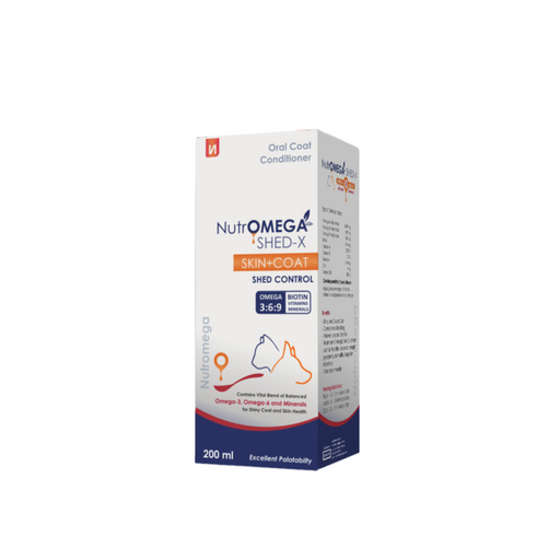 Nutromega Shed-X Skin Coat Supplement for Pets: A 10 ml dose of this premium formula features Omega 6 (6000 mg), Omega 3 (600 mg), Omega 9 (600 mg), Biotin (50 mcg), Vitamin A (2000 IU), Vitamin E (20 IU), Selenium (0.4 mcg), Zinc (4 mg), and Vitamin D3 (100 IU). Marketed by Noventis Healthcare, this scientifically crafted blend promotes a glossy coat, reduces inflammation, and supports overall skin health. Ensure your pet's vitality with this delicious and effective supplement