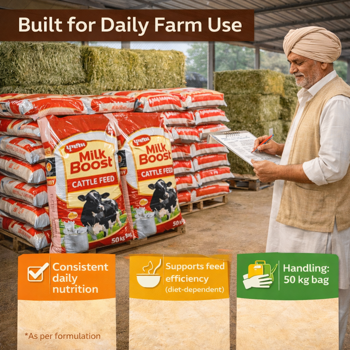 PRIME® MILK BOOST Compound Cattle Feed 50 kg | 20–22% Protein | Supports High Milk Yield, Fat &amp; SNF | Improves Digestion & Feed Efficiency | Balanced Nutrition for Lactating Cows & Buffaloes