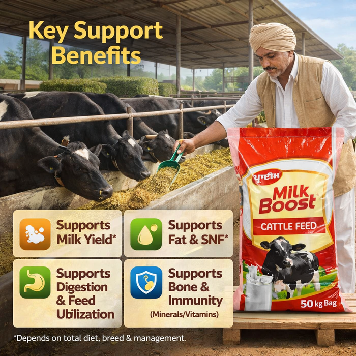 PRIME® MILK BOOST Compound Cattle Feed 50 kg | 20–22% Protein | Supports High Milk Yield, Fat &amp; SNF | Improves Digestion & Feed Efficiency | Balanced Nutrition for Lactating Cows & Buffaloes