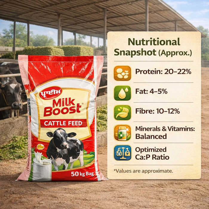 PRIME® MILK BOOST Compound Cattle Feed 50 kg | 20–22% Protein | Supports High Milk Yield, Fat &amp; SNF | Improves Digestion & Feed Efficiency | Balanced Nutrition for Lactating Cows & Buffaloes